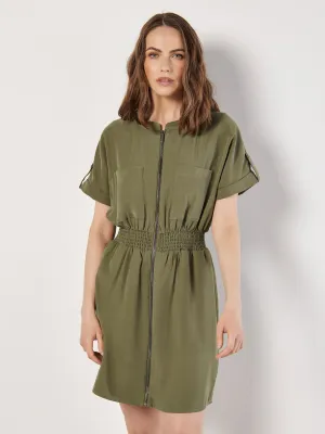Apricot Zip Front Linen Dress: Kahki