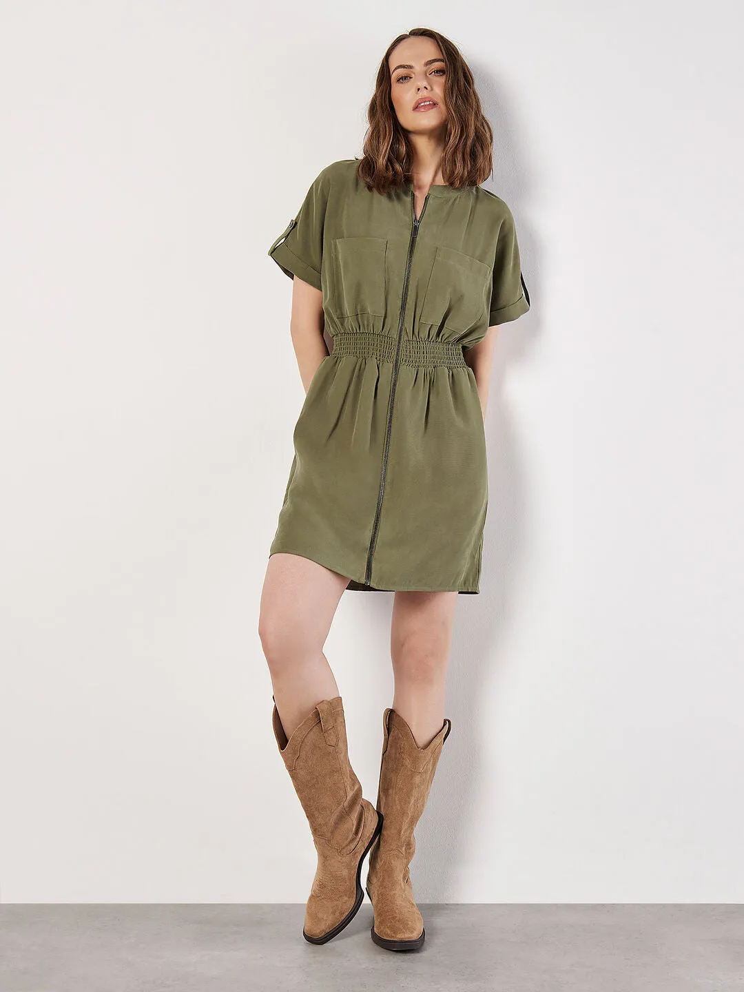 Apricot Zip Front Linen Dress: Kahki
