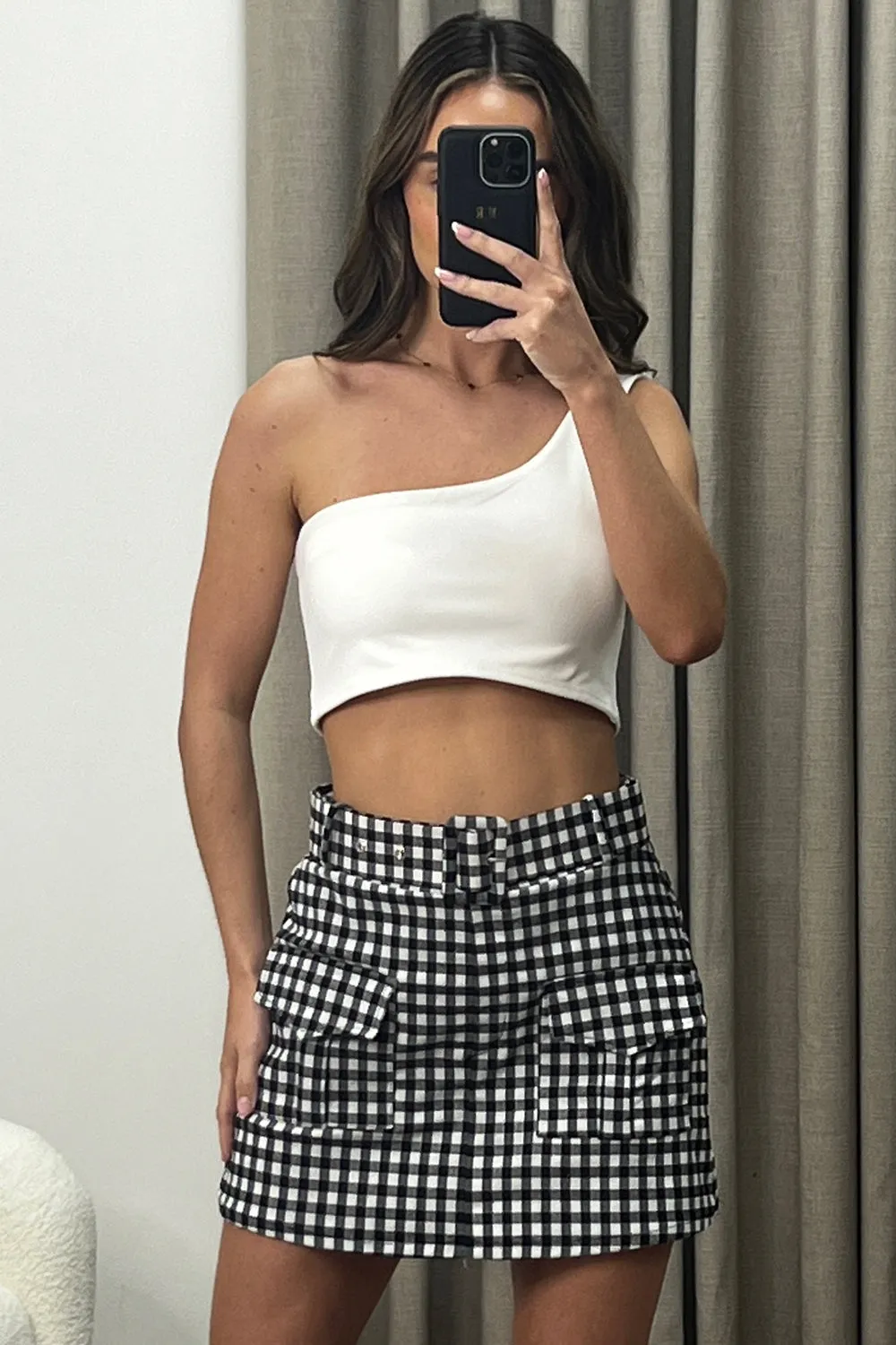 Deena Black and White Gingham Print Belted High Waisted Cargo Skort