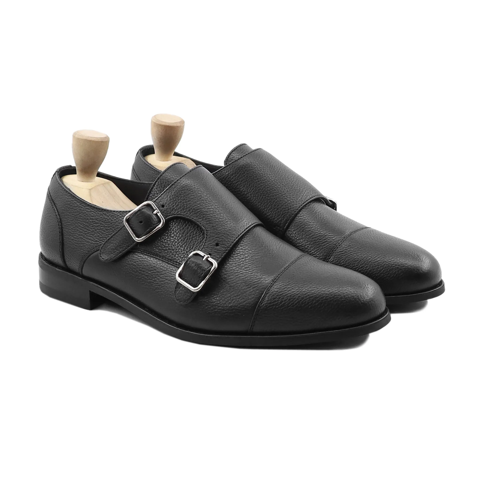 Glacier - Men's Black Pebble Grain Leather Double Monkstrap