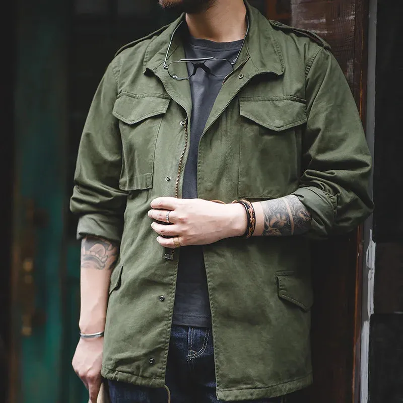 Mens Military-Style Utility Jacket  Khaki Cargo Field Jacket