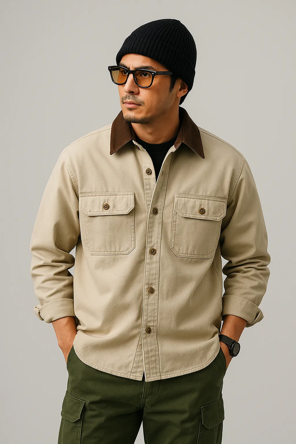 Mens Workwear Jacket  Canvas Fabric  Loose Fit  Button Front  Utility Pockets