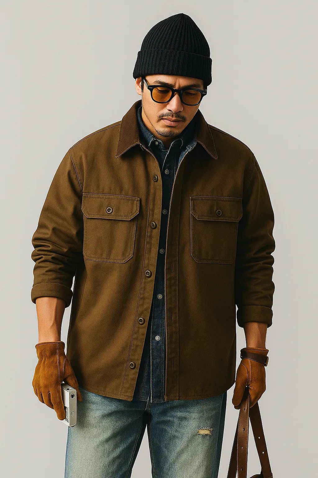 Mens Workwear Jacket  Canvas Fabric  Loose Fit  Button Front  Utility Pockets