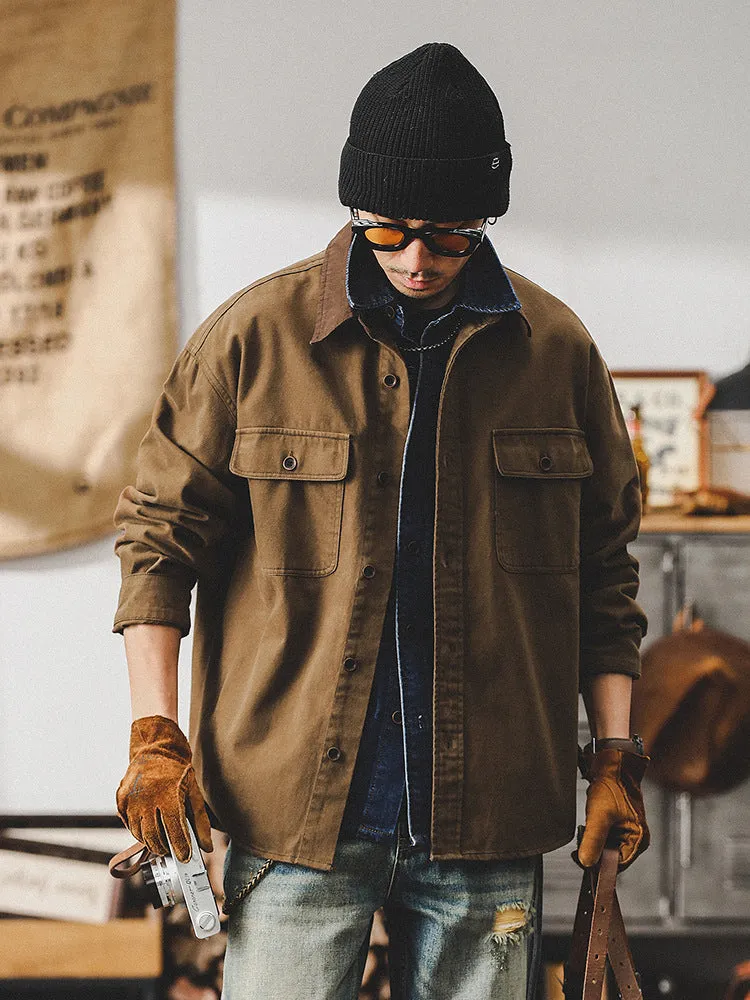 Mens Workwear Jacket  Canvas Fabric  Loose Fit  Button Front  Utility Pockets