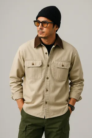 Mens Workwear Jacket  Canvas Fabric  Loose Fit  Button Front  Utility Pockets