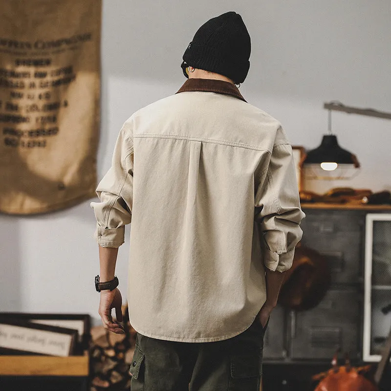 Mens Workwear Jacket  Canvas Fabric  Loose Fit  Button Front  Utility Pockets