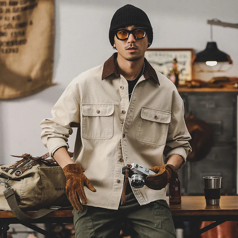 Mens Workwear Jacket  Canvas Fabric  Loose Fit  Button Front  Utility Pockets