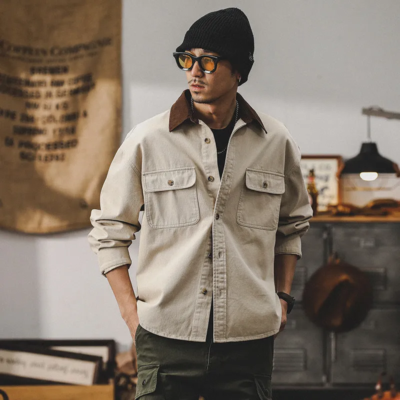 Mens Workwear Jacket  Canvas Fabric  Loose Fit  Button Front  Utility Pockets
