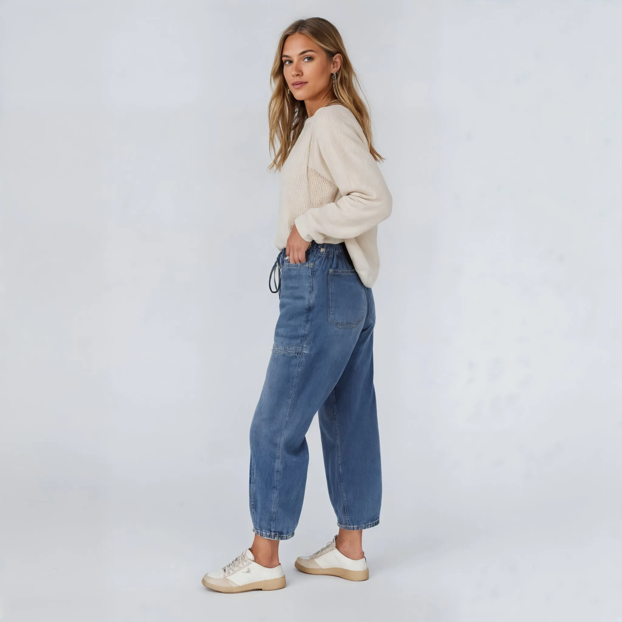 Relaxed Fit Denim Jogger Pants with Elastic Waistband Drawstring