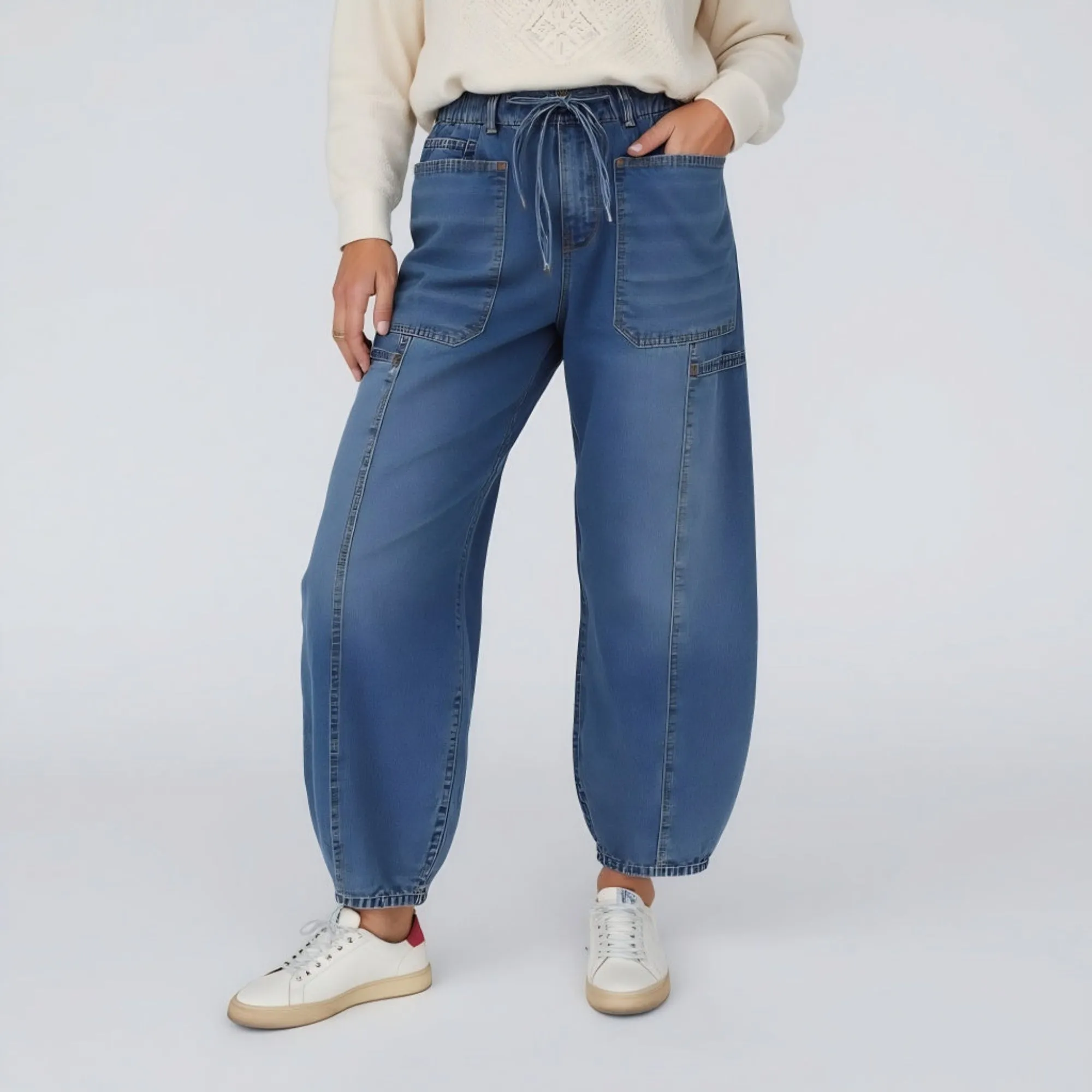 Relaxed Fit Denim Jogger Pants with Elastic Waistband Drawstring