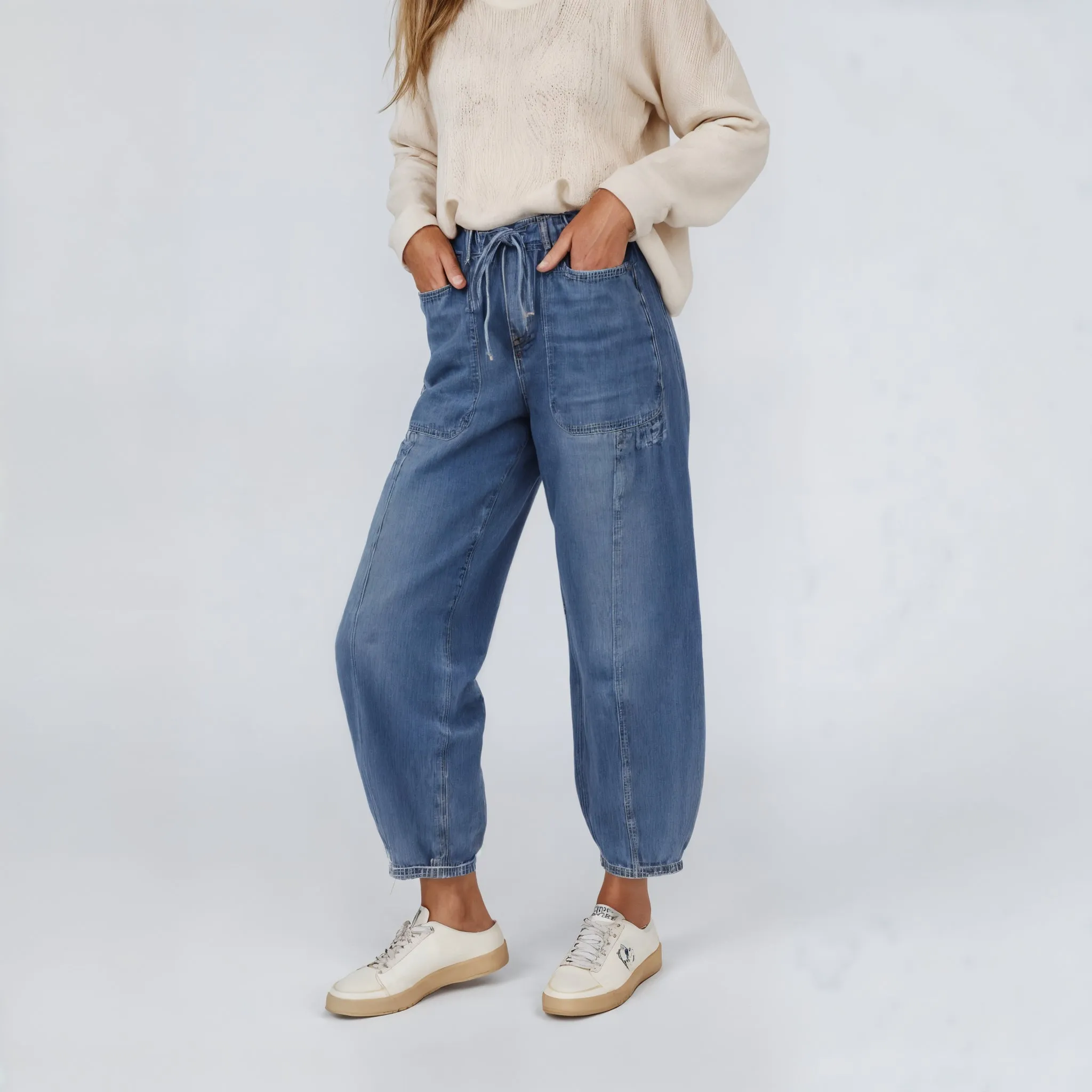 Relaxed Fit Denim Jogger Pants with Elastic Waistband Drawstring