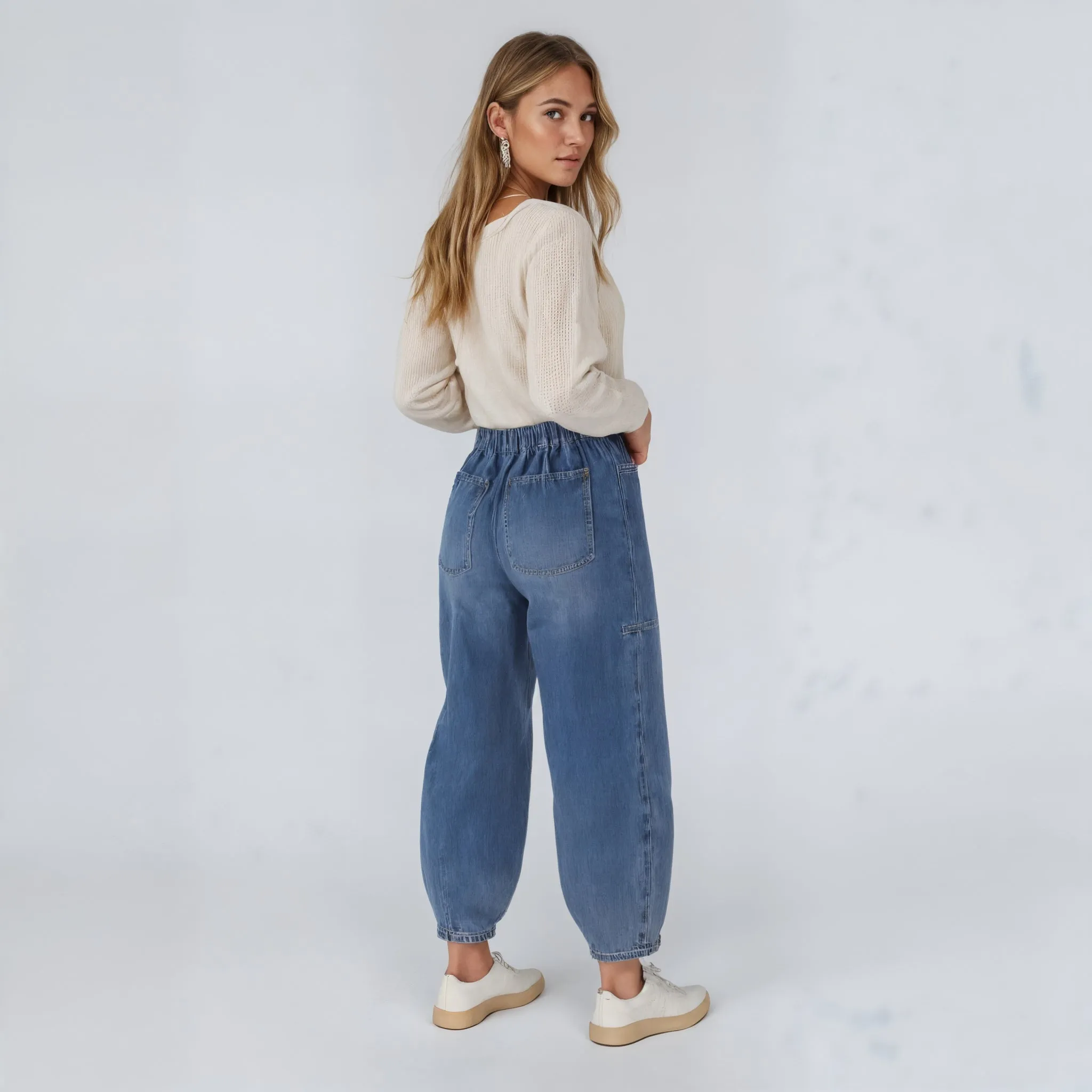 Relaxed Fit Denim Jogger Pants with Elastic Waistband Drawstring