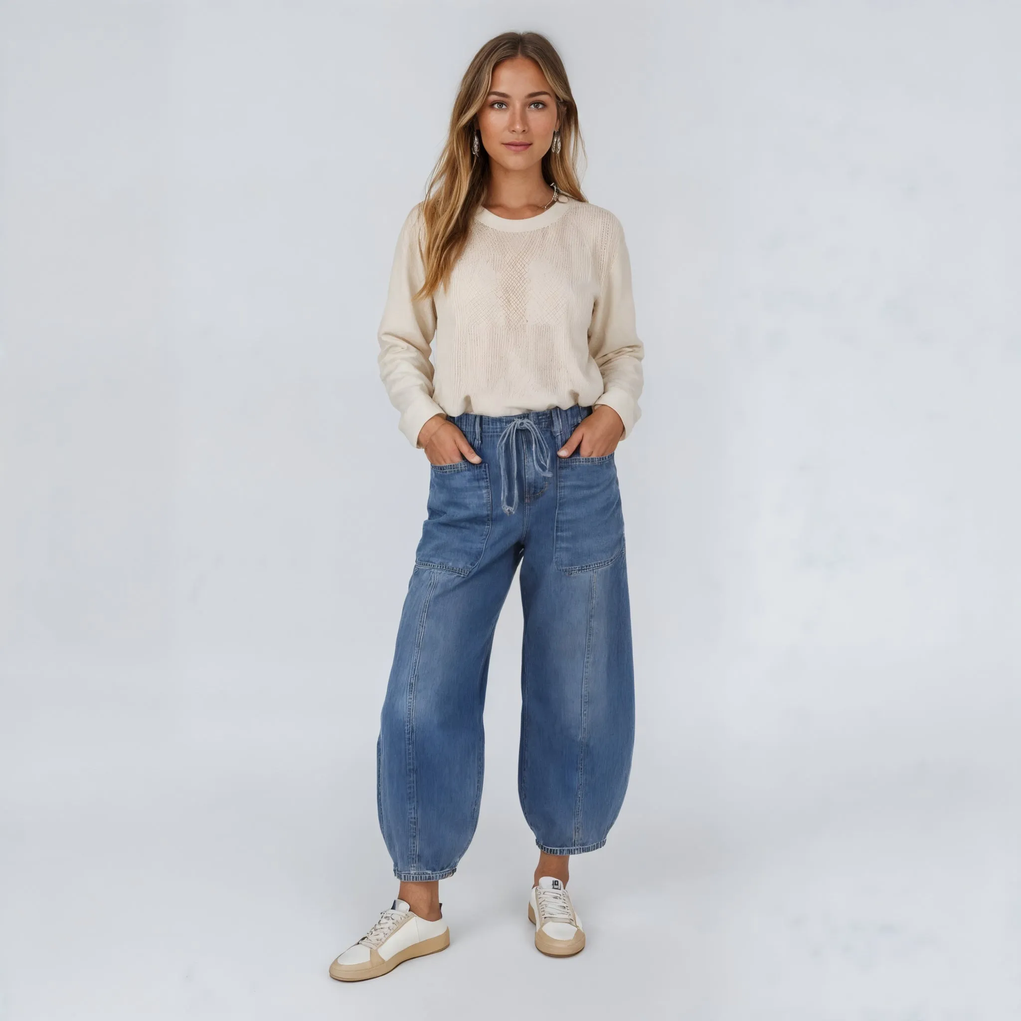 Relaxed Fit Denim Jogger Pants with Elastic Waistband Drawstring