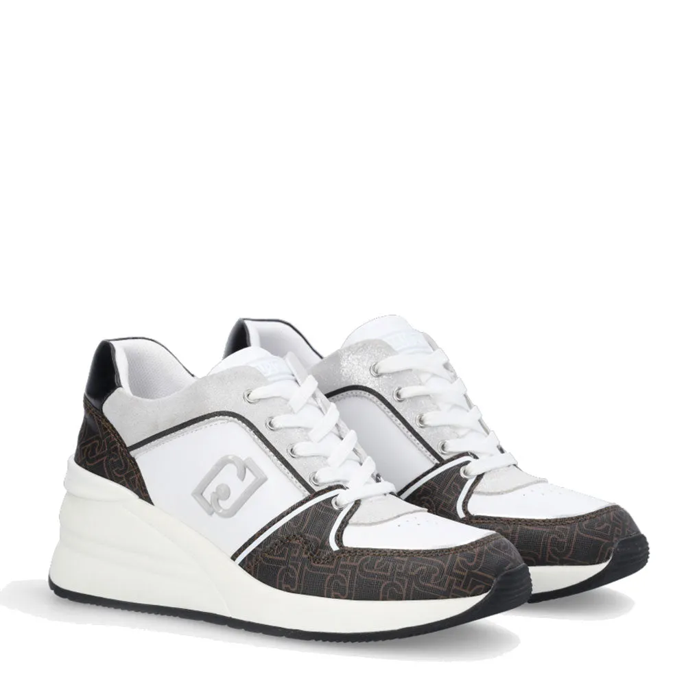 Scarpe Donna LIU JO Sneakers Alyssa 10 in Pelle Bianca Suede Glitterato e Inserti Monogram