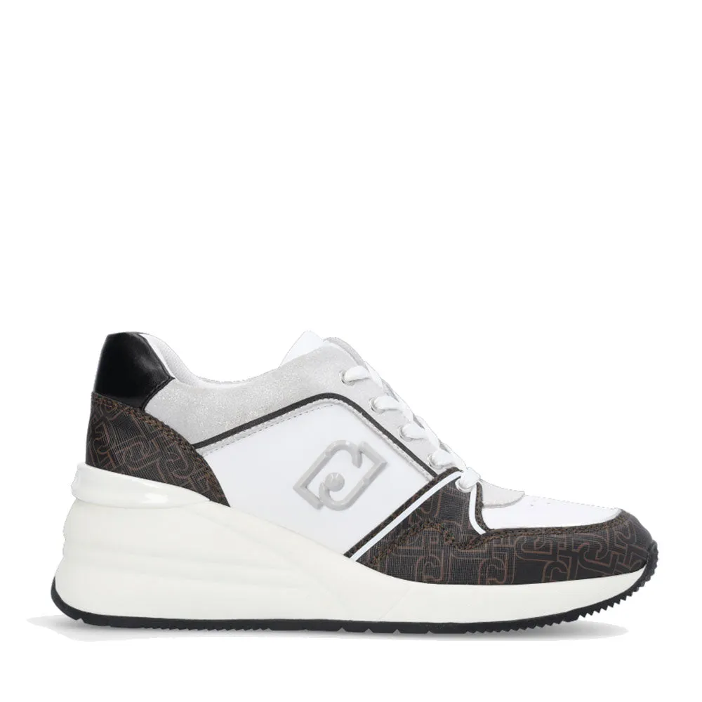 Scarpe Donna LIU JO Sneakers Alyssa 10 in Pelle Bianca Suede Glitterato e Inserti Monogram