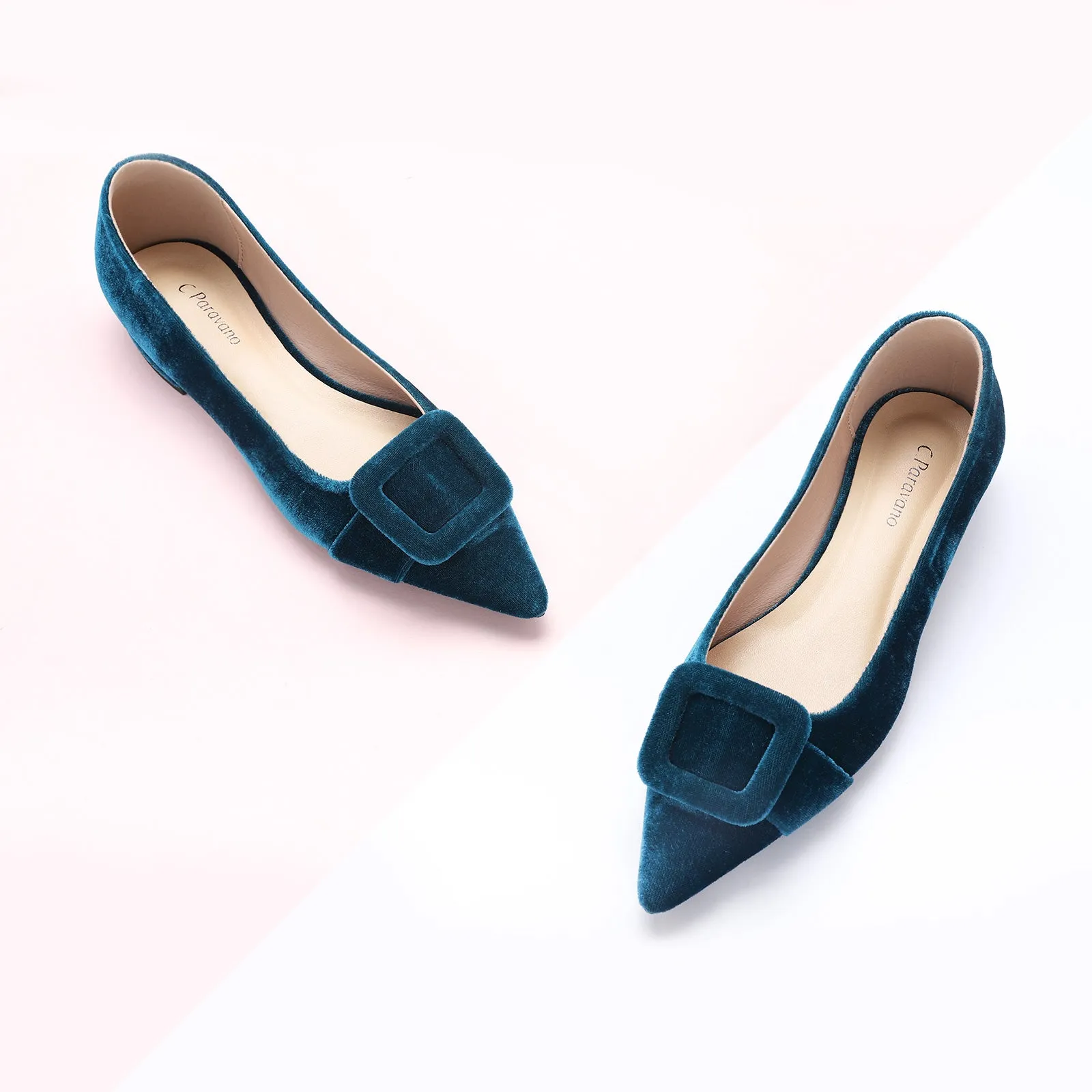 Square Buckle Velvet Flats (Aida) Peacock Blue