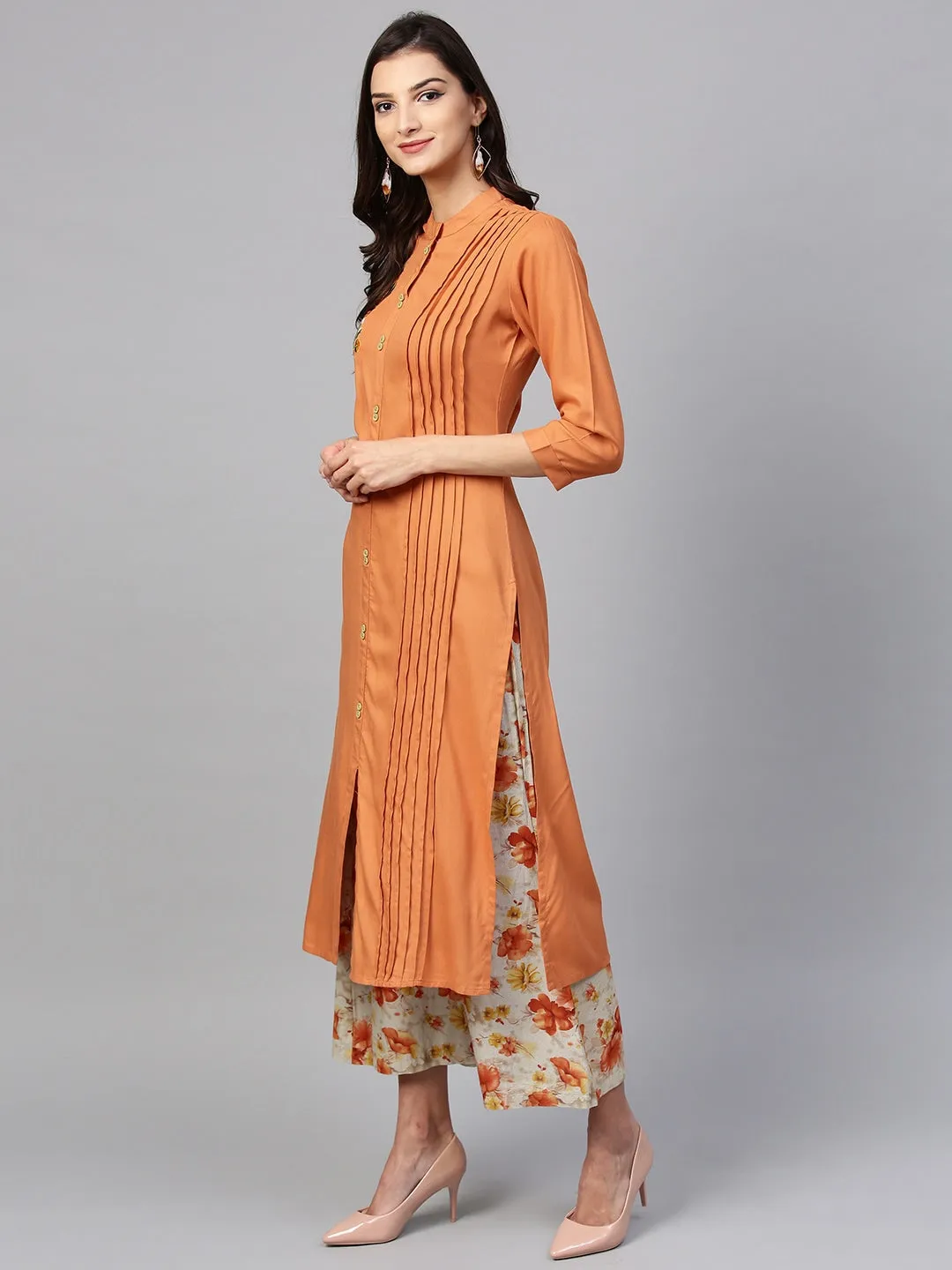 Women Orange & Beige Solid Kurta Set