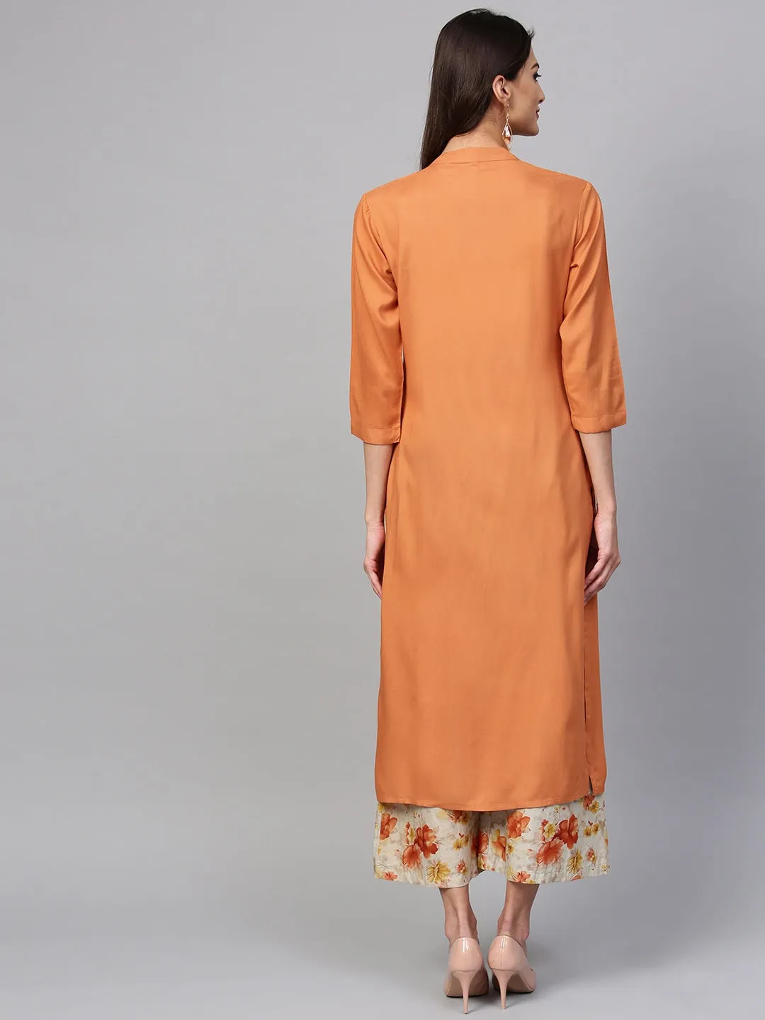 Women Orange & Beige Solid Kurta Set