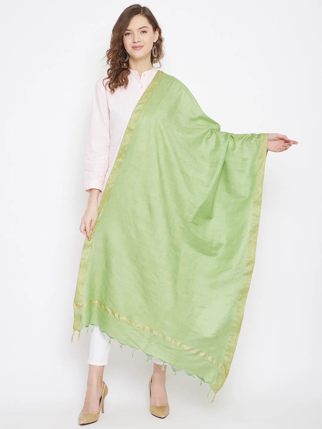 Women Pista Green Solid Cotton Tussar Dupatta