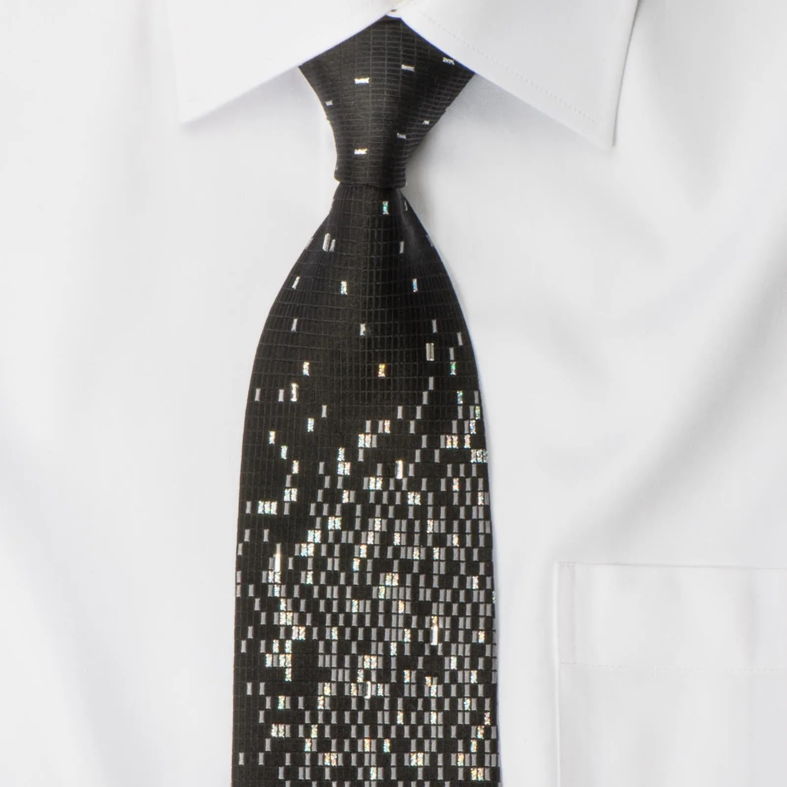 Yezak Men's Silk Tie Silver Geometric Martix On Black With Silver Sparkles