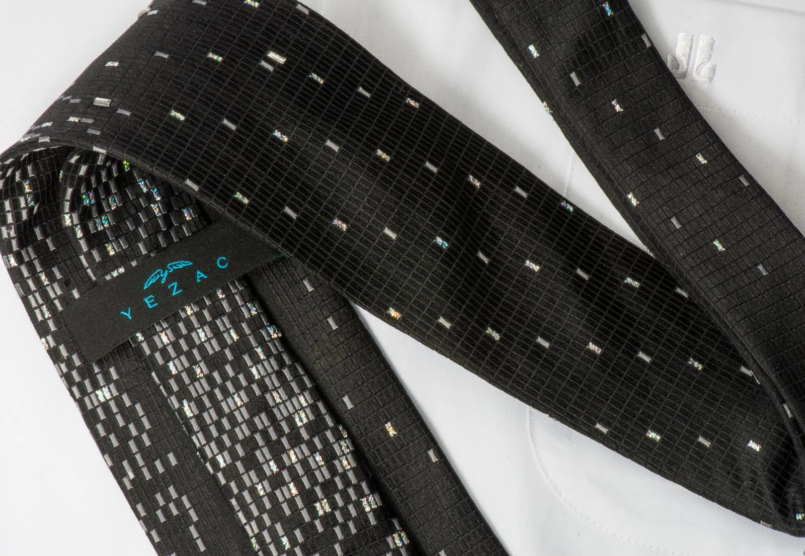 Yezak Men's Silk Tie Silver Geometric Martix On Black With Silver Sparkles