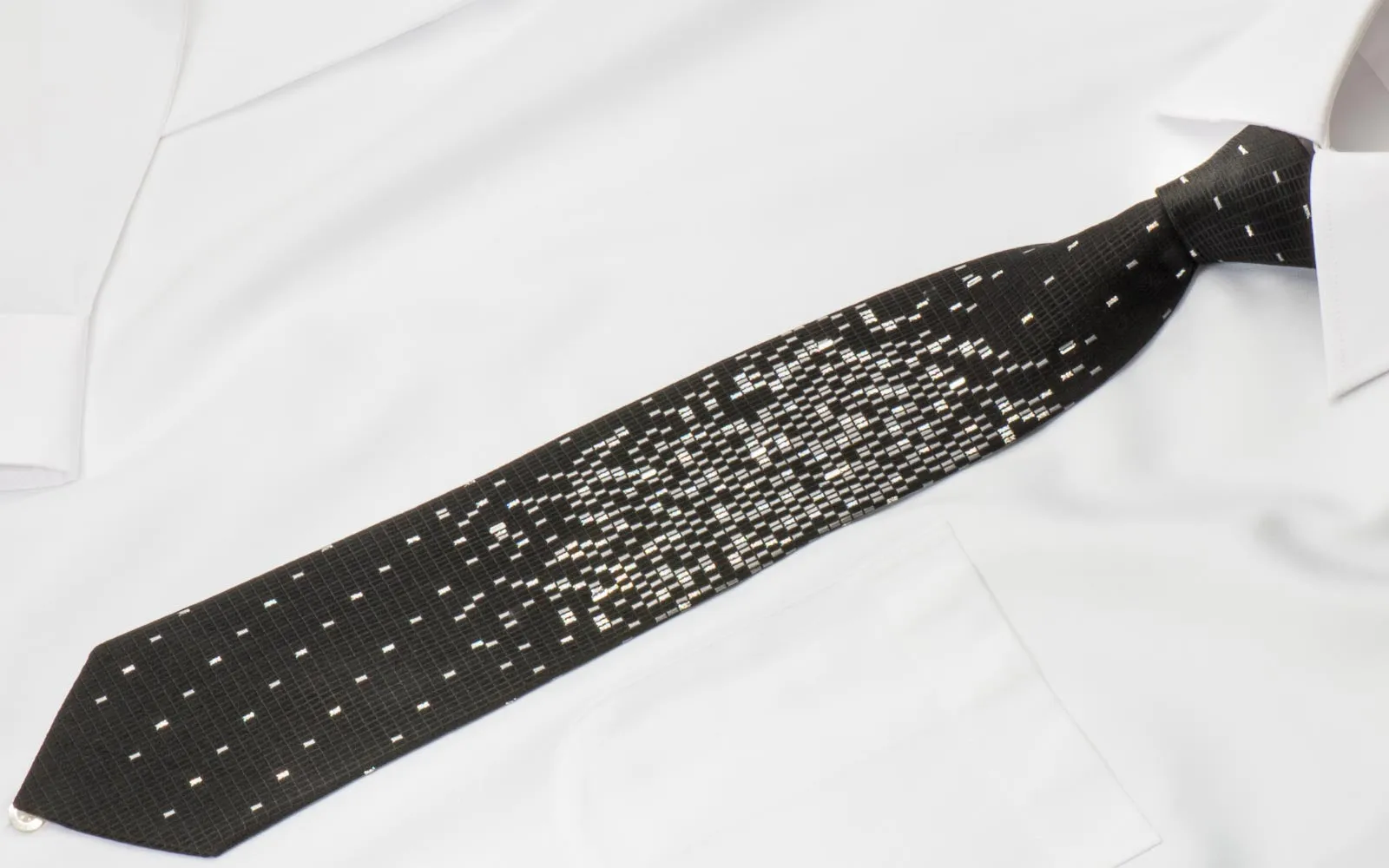 Yezak Men's Silk Tie Silver Geometric Martix On Black With Silver Sparkles
